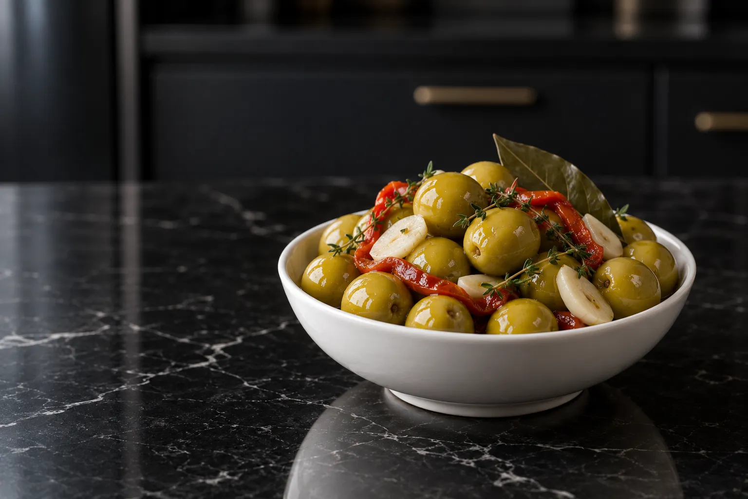 Aceitunas verdes aliñadas con ajo, tomillo y pimiento rojo en un cuenco blanco