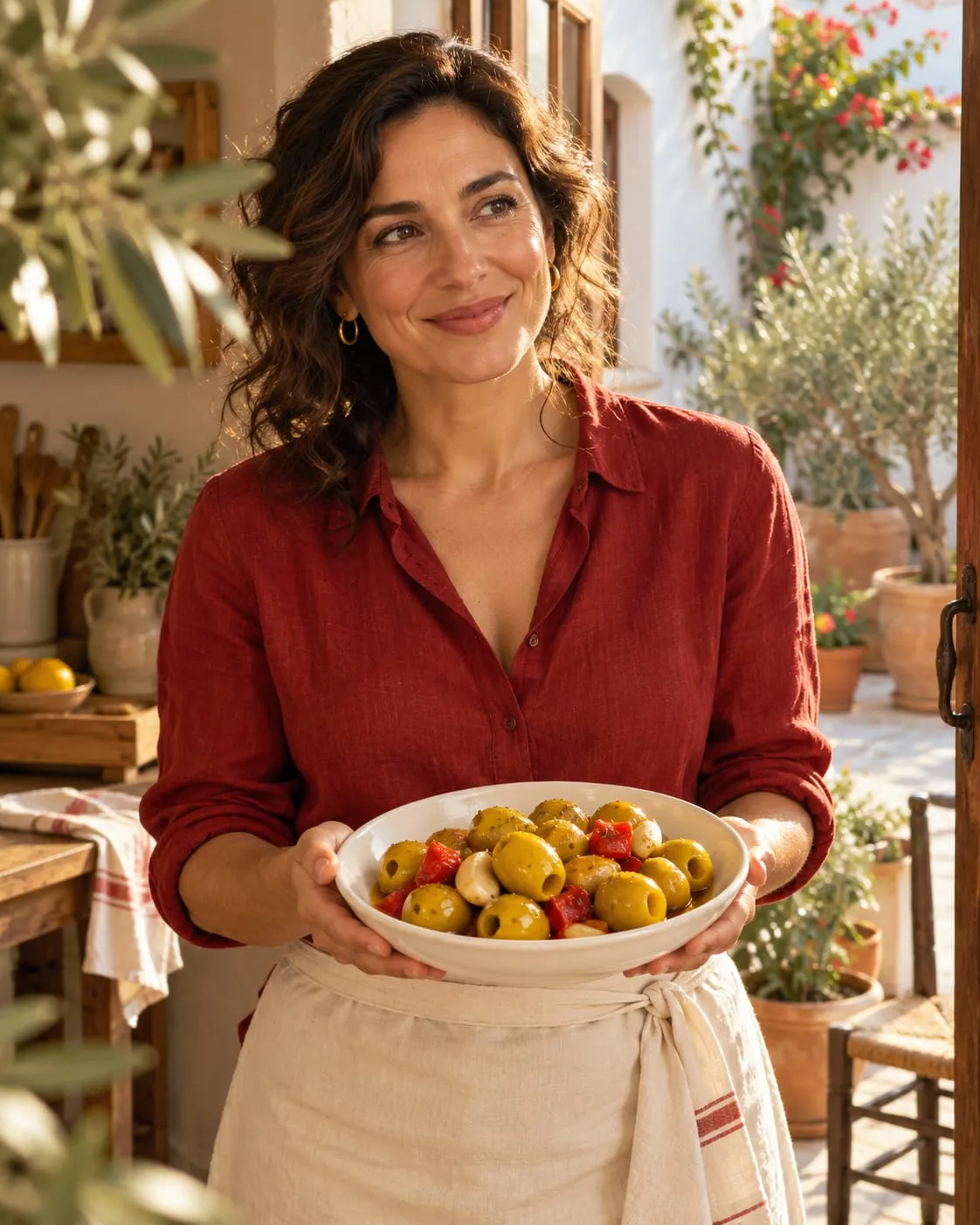 Lola, con camisa roja y delantal de lino, lleva un cuenco de gordales aliñadas a la mesa