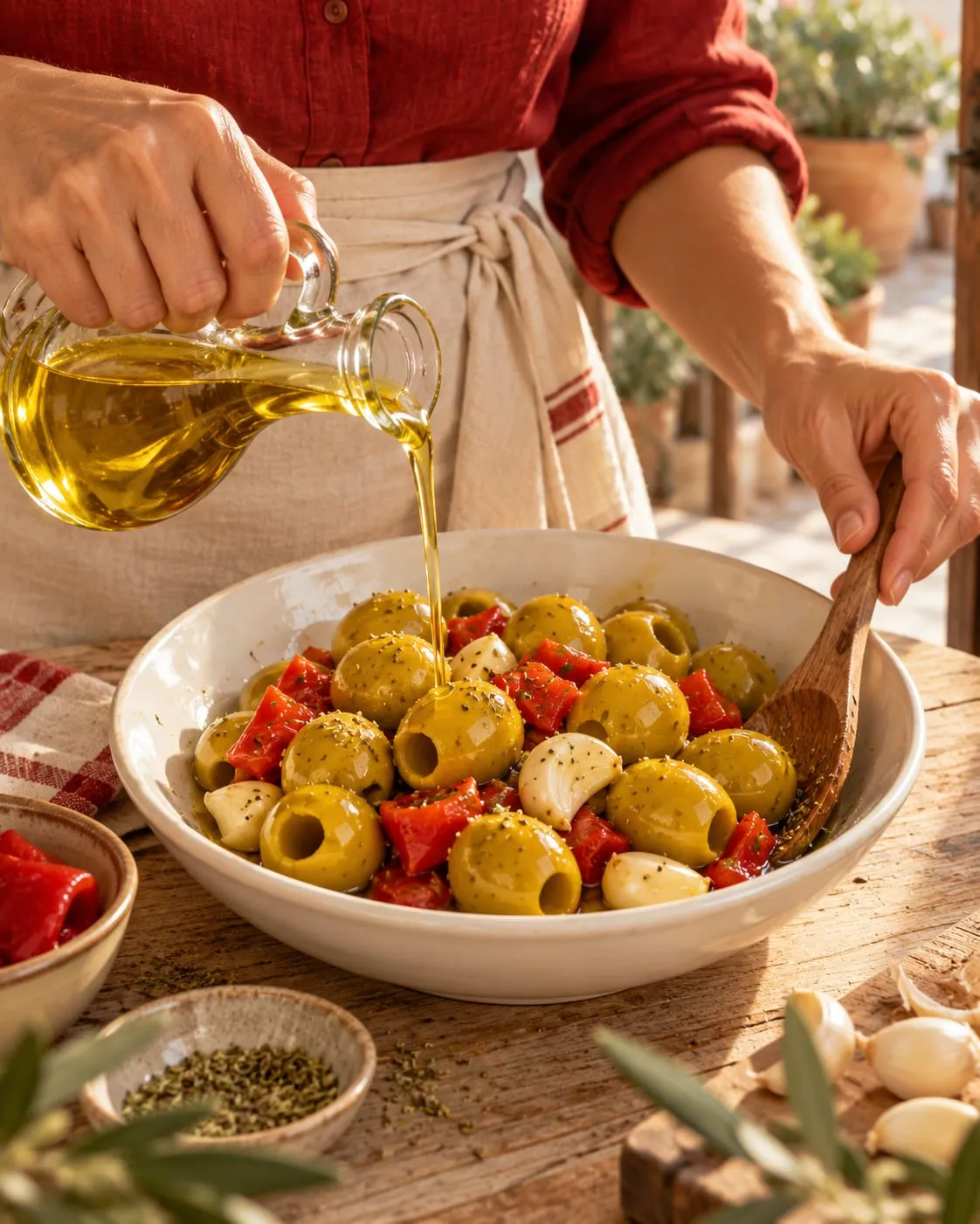 Aceite de oliva cae sobre las gordales con ajo, pimiento y orégano en un cuenco blanco