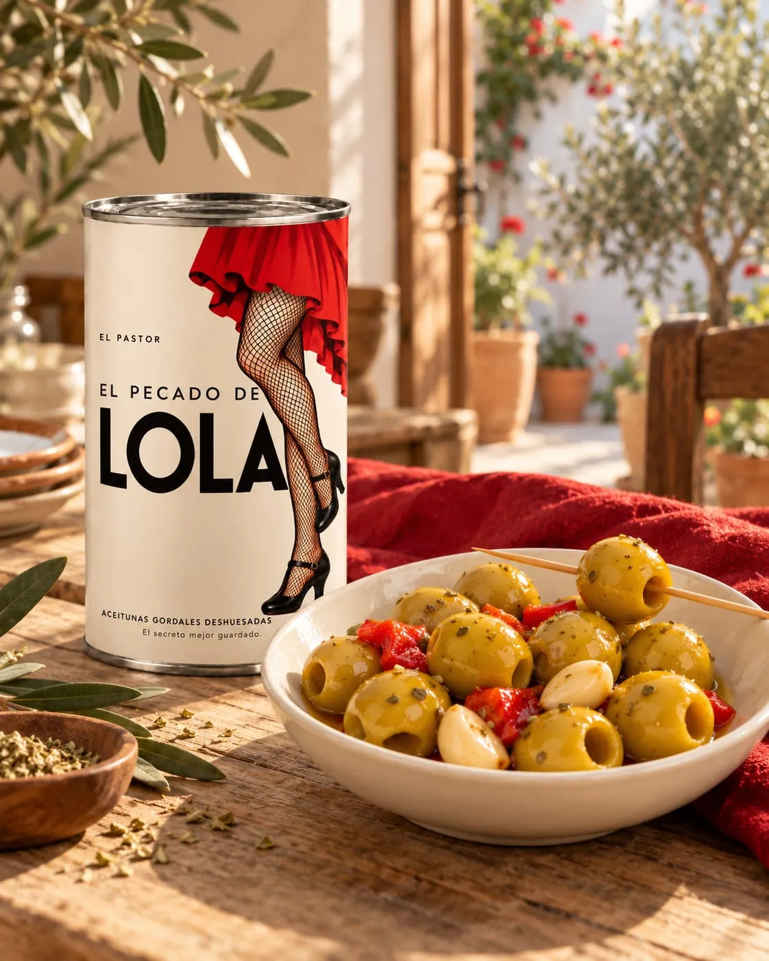 La lata de El Pecado de Lola junto a un cuenco de gordales aliñadas en una mesa de patio andaluz